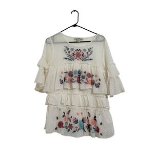 Vintage America Blues Tiered Embroidered Lace Ruffle Top Cream Floral Size Large